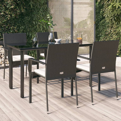 5 Piece Garden Dining Set with Cushions Black Poly Rattan