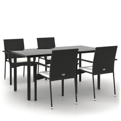 5 Piece Garden Dining Set with Cushions Black Poly Rattan