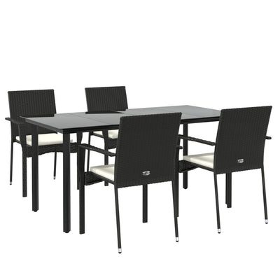 5 Piece Garden Dining Set with Cushions Black Poly Rattan