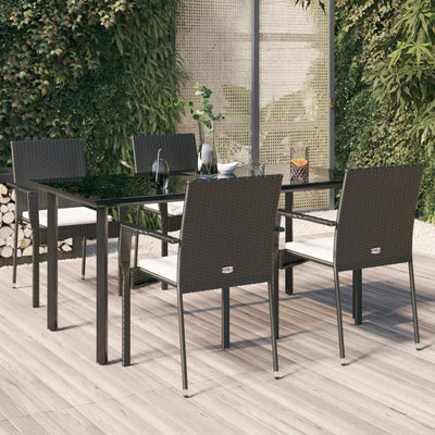 5 Piece Garden Dining Set with Cushions Black Poly Rattan