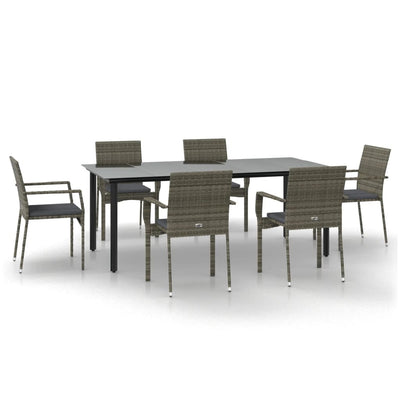 7 Piece Garden Dining Set with Cushions Black and Grey Poly Rattan