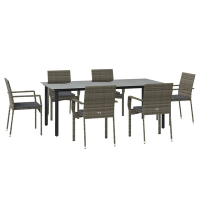 7 Piece Garden Dining Set with Cushions Black and Grey Poly Rattan