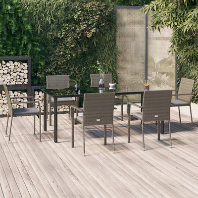 7 Piece Garden Dining Set with Cushions Black and Grey Poly Rattan