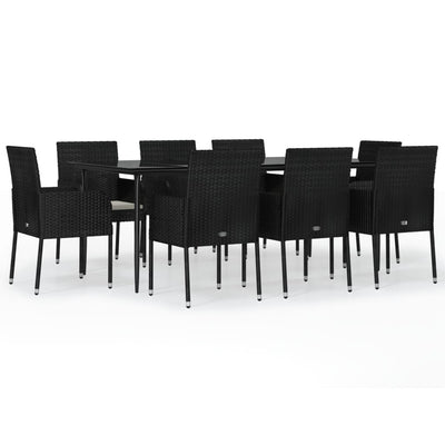 9 Piece Garden Dining Set with Cushions Black Poly Rattan