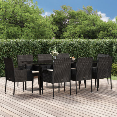 9 Piece Garden Dining Set with Cushions Black Poly Rattan