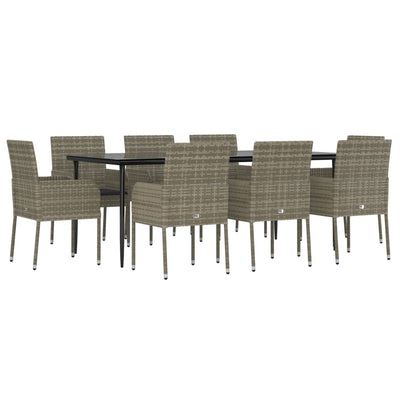 9 Piece Garden Dining Set with Cushions Black and Grey Poly Rattan