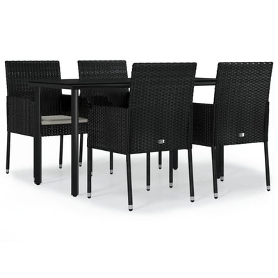 5 Piece Garden Dining Set with Cushions Black Poly Rattan