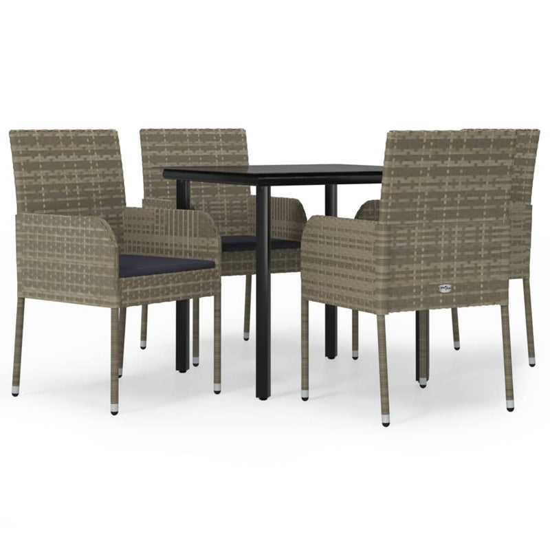 5 Piece Garden Dining Set with Cushions Black and Grey Poly Rattan