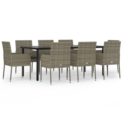 9 Piece Garden Dining Set with Cushions Black and Grey Poly Rattan