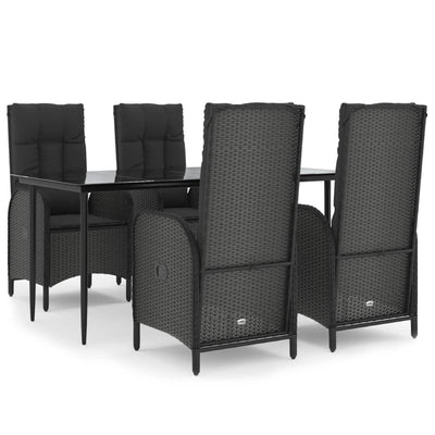 5 Piece Garden Dining Set with Cushions Black Poly Rattan