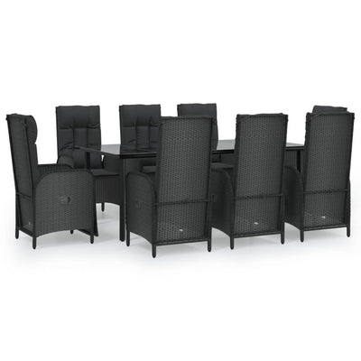 9 Piece Garden Dining Set with Cushions Black Poly Rattan