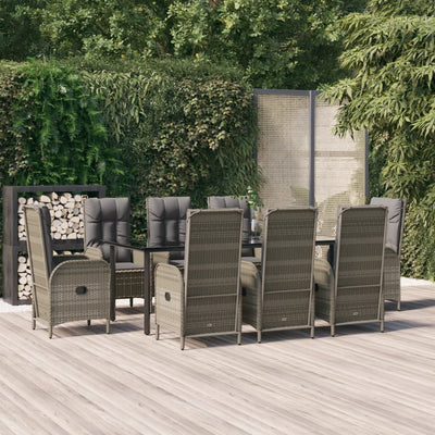 9 Piece Garden Dining Set with Cushions Black and Grey Poly Rattan