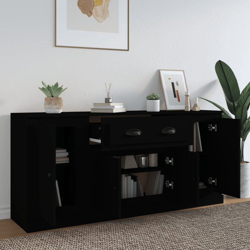 Sideboards 3 pcs Black Engineered Wood