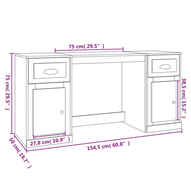 Desk with Cabinet White Engineered Wood