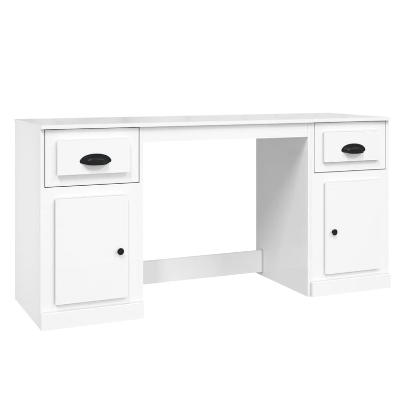Desk with Cabinet High Gloss White Engineered Wood