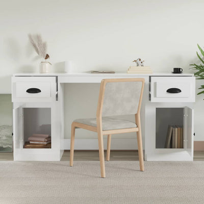 Desk with Cabinet High Gloss White Engineered Wood
