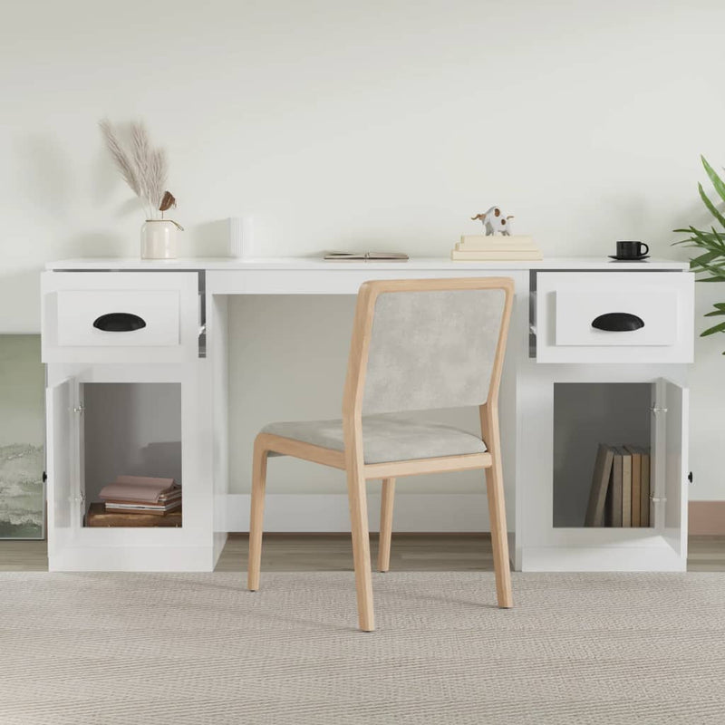Desk with Cabinet High Gloss White Engineered Wood