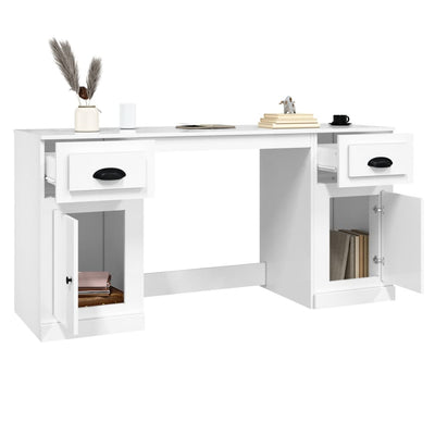 Desk with Cabinet High Gloss White Engineered Wood