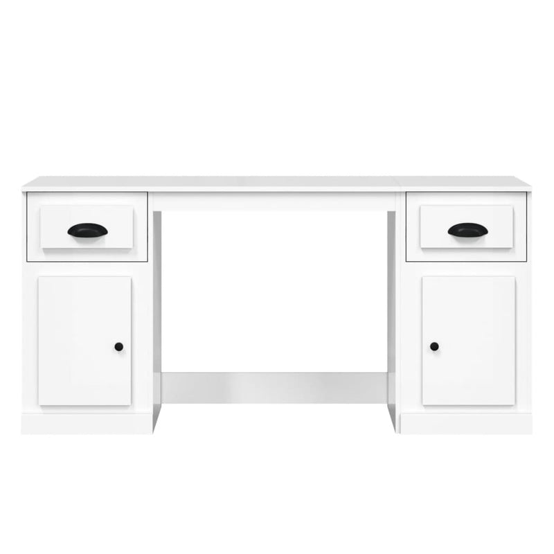 Desk with Cabinet High Gloss White Engineered Wood