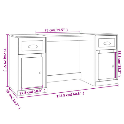 Desk with Cabinet High Gloss White Engineered Wood