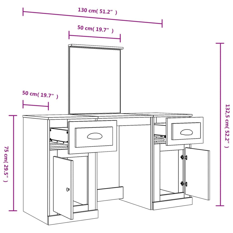 Dressing Table with Mirror High Gloss White 130x50x132.5 cm