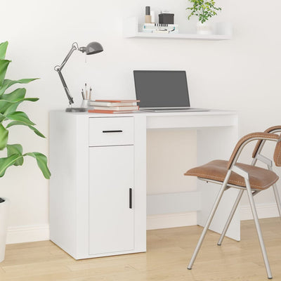 Desk with Cabinet White Engineered Wood