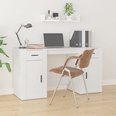 Desk with Cabinet White Engineered Wood