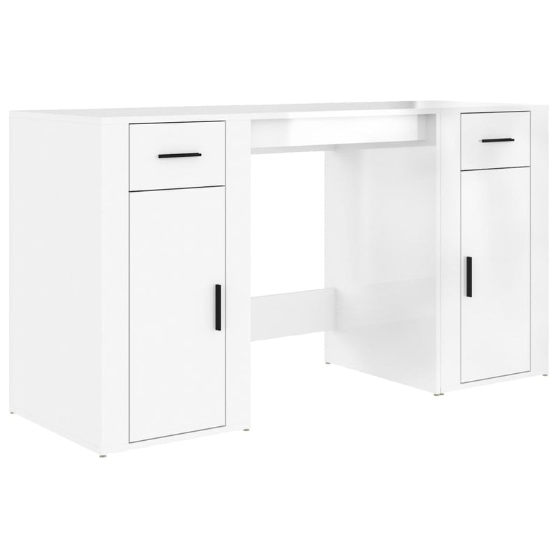 Desk with Cabinet High Gloss White Engineered Wood