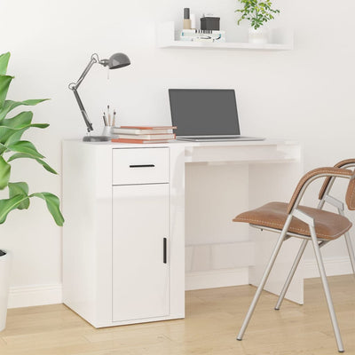 Desk with Cabinet High Gloss White Engineered Wood