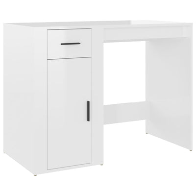 Desk with Cabinet High Gloss White Engineered Wood