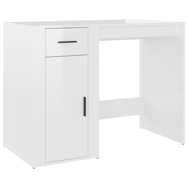 Desk with Cabinet High Gloss White Engineered Wood