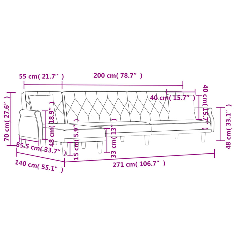 L-shaped Sofa Bed Black 271x140x70 cm Velvet