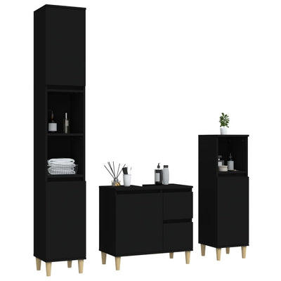 3 Piece Bathroom Cabinet Set Black Engineered Wood