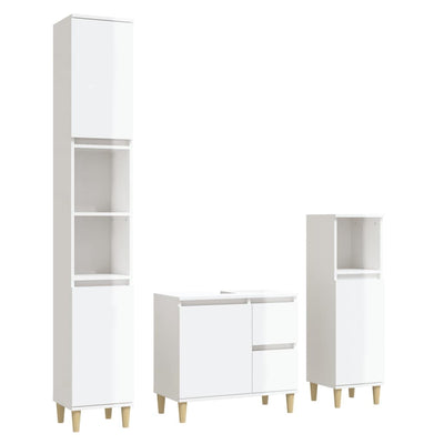 3 Piece Bathroom Cabinet Set High Gloss White Engineered Wood