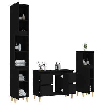 3 Piece Bathroom Furniture Set Black Engineered Wood