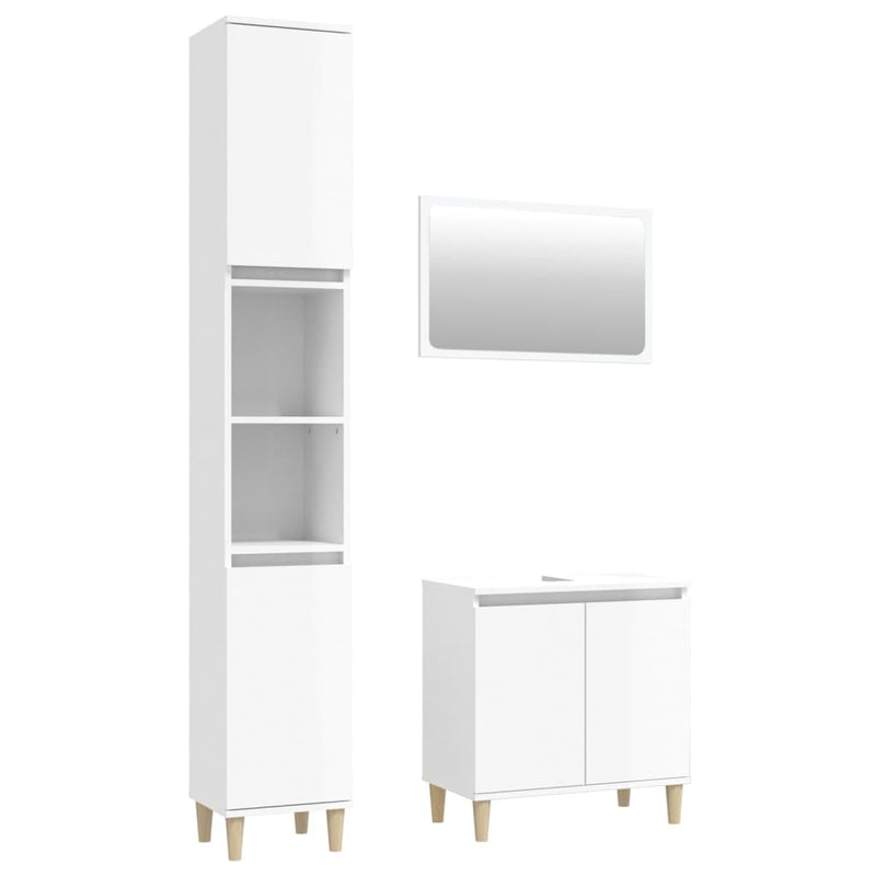 3 Piece Bathroom Furniture Set High Gloss White Engineered Wood