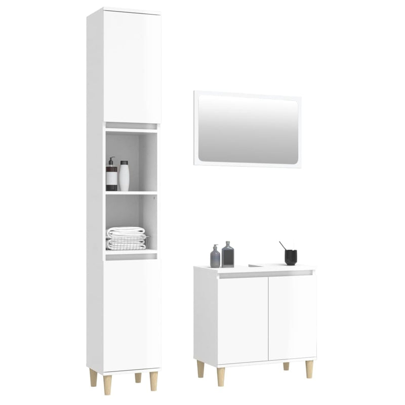 3 Piece Bathroom Furniture Set High Gloss White Engineered Wood