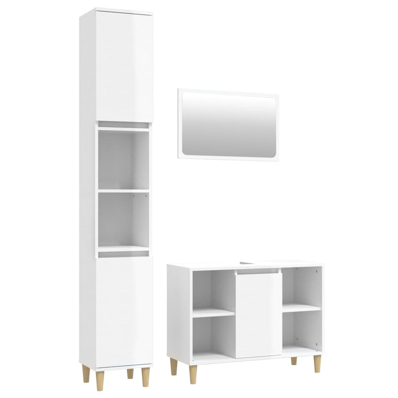 3 Piece Bathroom Furniture Set High Gloss White Engineered Wood