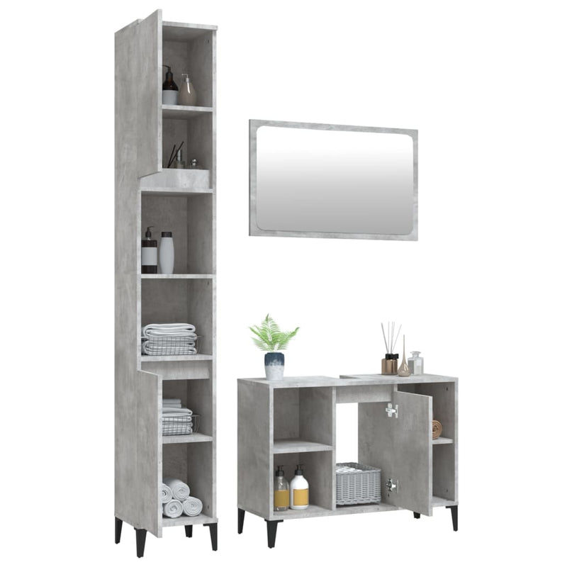 3 Piece Bathroom Furniture Set Concrete Grey Engineered Wood