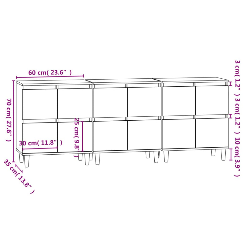 Sideboards 3 pcs High Gloss White 60x35x70 cm Engineered Wood