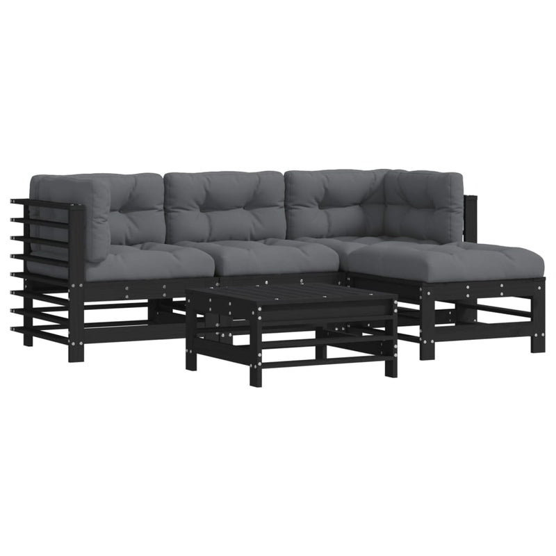 5 Piece Garden Lounge Set with Cushions Black Solid Wood