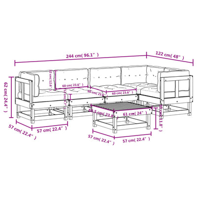 6 Piece Garden Lounge Set with Cushions White Solid Wood