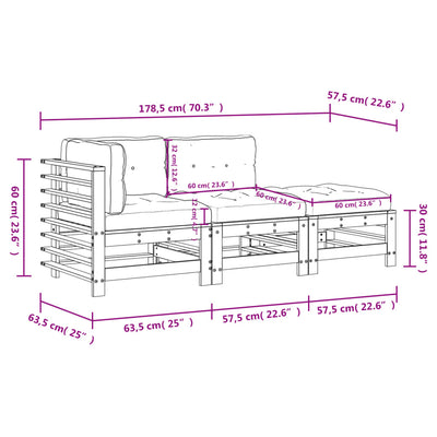 3 Piece Garden Lounge Set with Cushions White Solid Wood