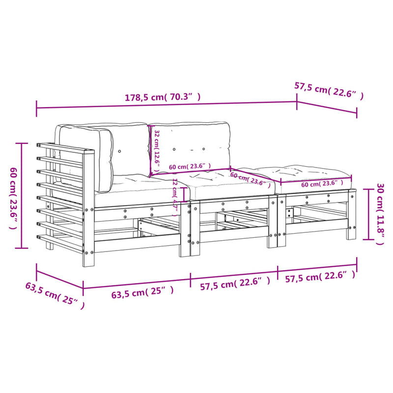 3 Piece Garden Lounge Set with Cushions White Solid Wood