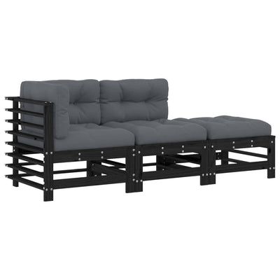 3 Piece Garden Lounge Set with Cushions Black Solid Wood