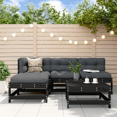 5 Piece Garden Lounge Set with Cushions Black Solid Wood