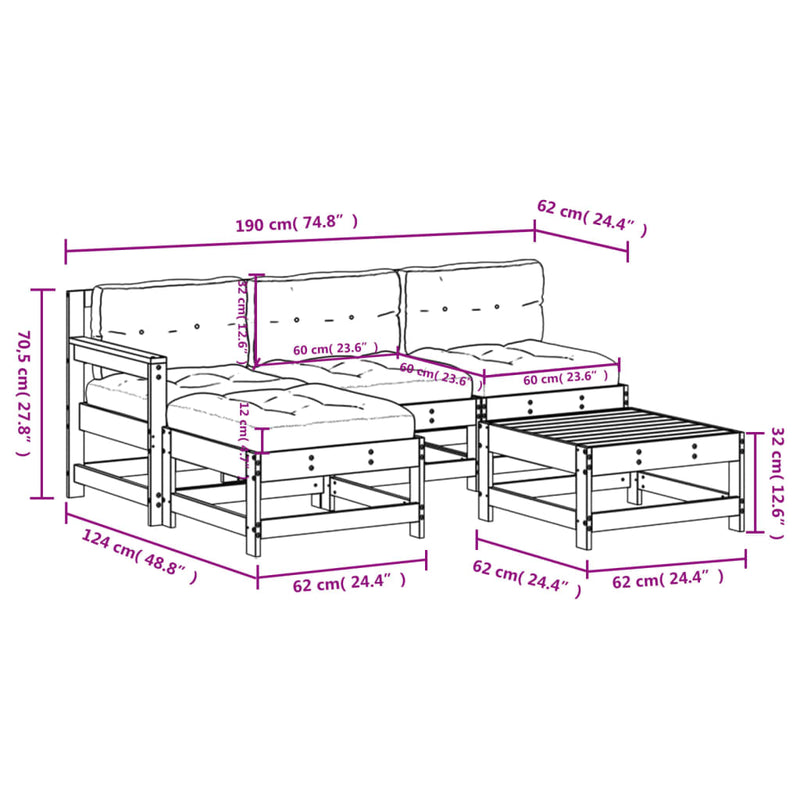 5 Piece Garden Lounge Set with Cushions Solid Wood