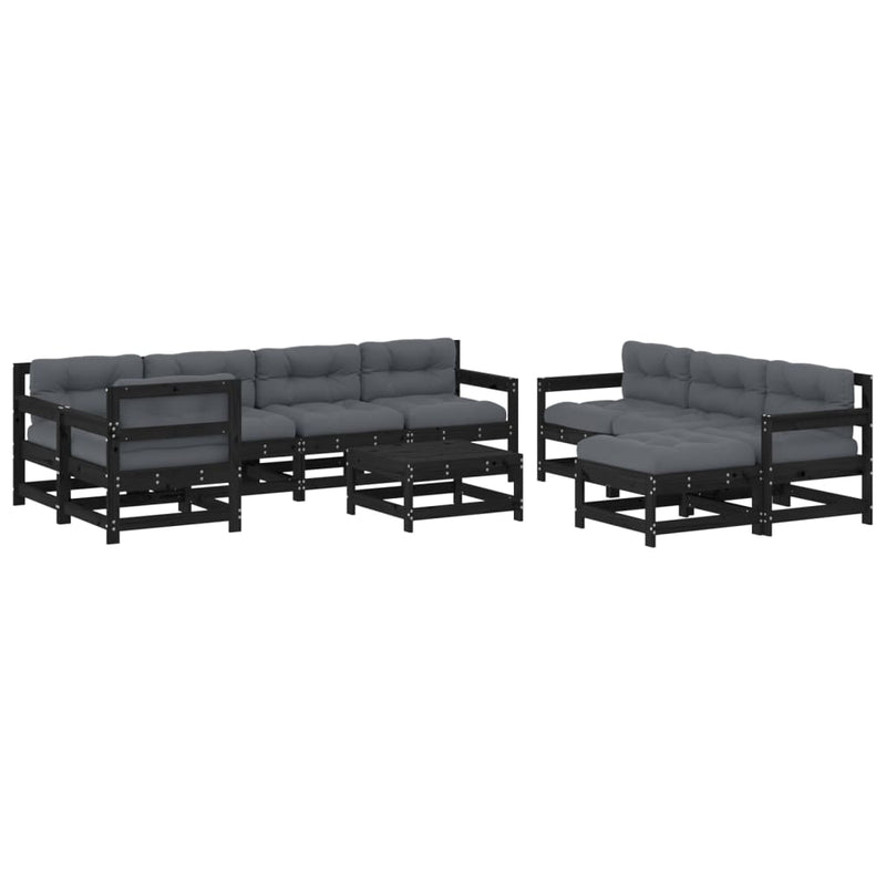 10 Piece Garden Lounge Set with Cushions Black Solid Wood