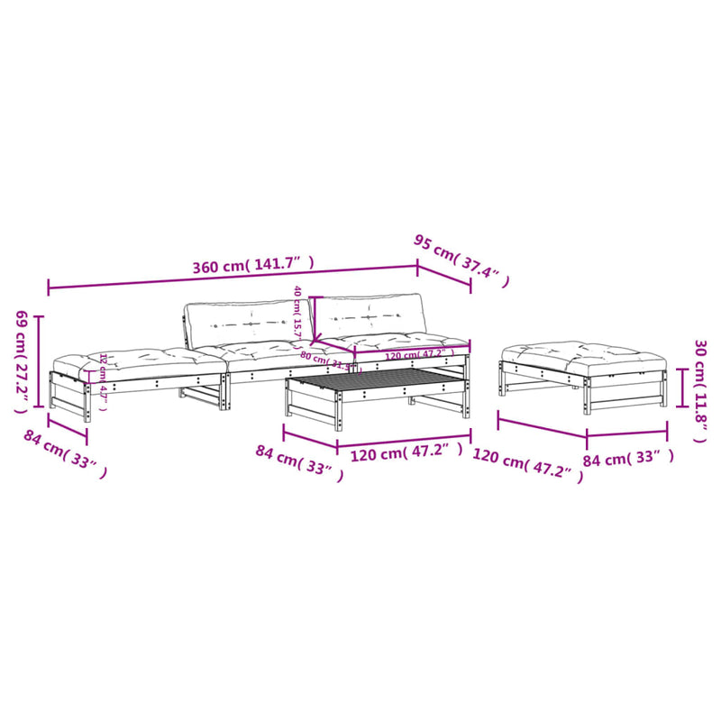 5 Piece Garden Lounge Set with Cushions White Solid Wood