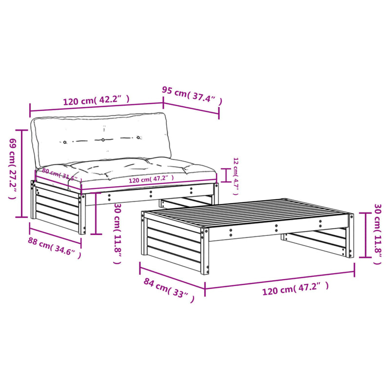 2 Piece Garden Lounge Set with Cushions Black Solid Wood